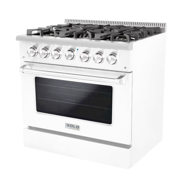 Hallman 36 In. Range with Propane Gas Burners and Electric Oven, White with Chrome Trim - Bold Series, HBRDF36CMWT-LP