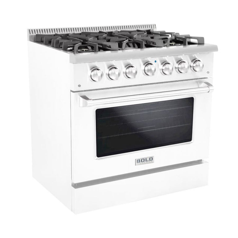 Hallman 36 In. Range with Propane Gas Burners and Electric Oven, White with Chrome Trim - Bold Series, HBRDF36CMWT-LP