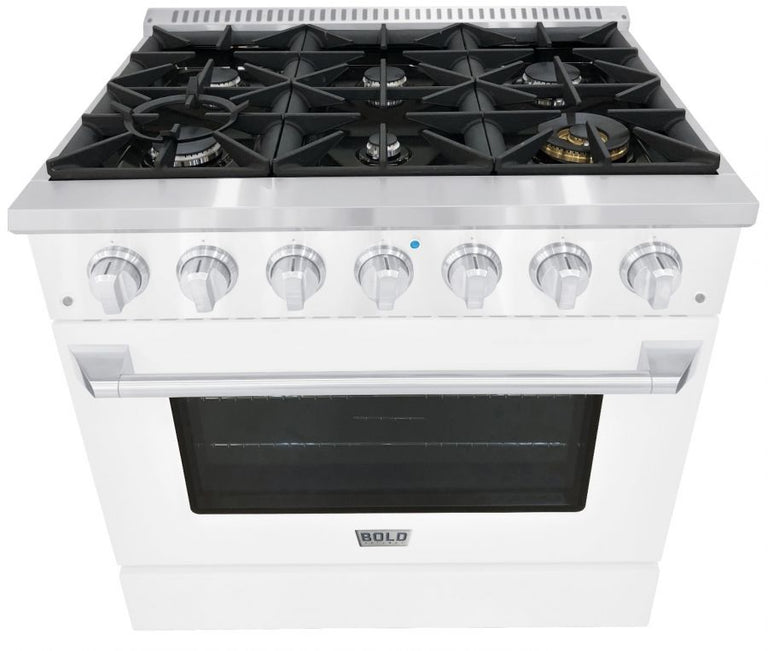 Hallman 36 In. Range with Propane Gas Burners and Electric Oven, White with Chrome Trim - Bold Series, HBRDF36CMWT-LP