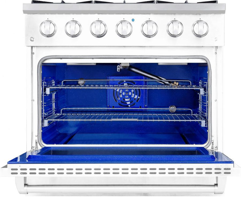 Hallman 36 In. Range with Propane Gas Burners and Electric Oven, White with Chrome Trim - Bold Series, HBRDF36CMWT-LP