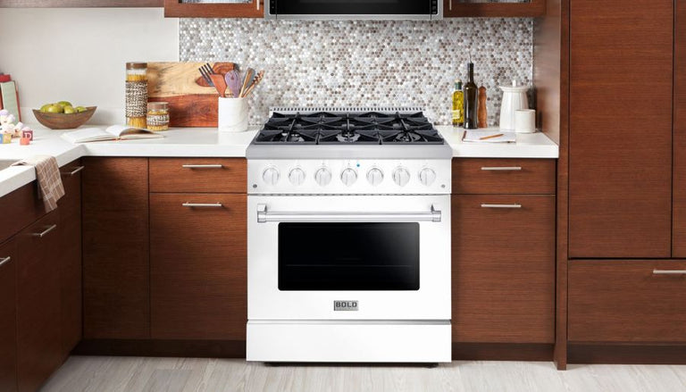Hallman 36 In. Range with Propane Gas Burners and Electric Oven, White with Chrome Trim - Bold Series, HBRDF36CMWT-LP