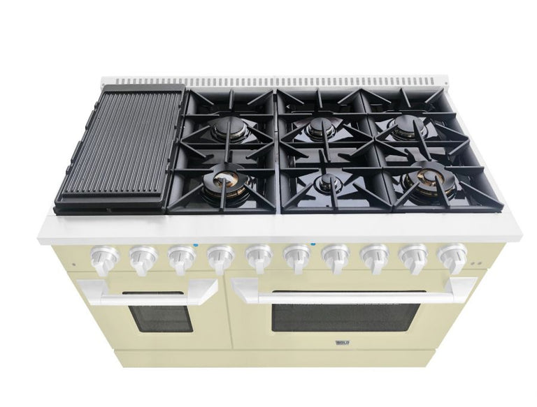 Hallman 48 In. Range with Gas Burners and Electric Oven, Antique White with Chrome Trim - Bold Series, HBRDF48CMAW