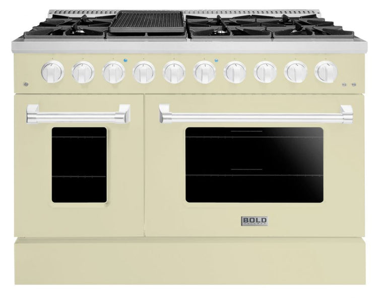 Hallman 48 In. Range with Propane Gas Burners and Electric Oven, Antique White with Chrome Trim - Bold Series, HBRDF48CMAW-LP