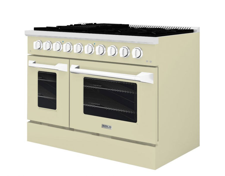 Hallman 48 In. Range with Propane Gas Burners and Electric Oven, Antique White with Chrome Trim - Bold Series, HBRDF48CMAW-LP