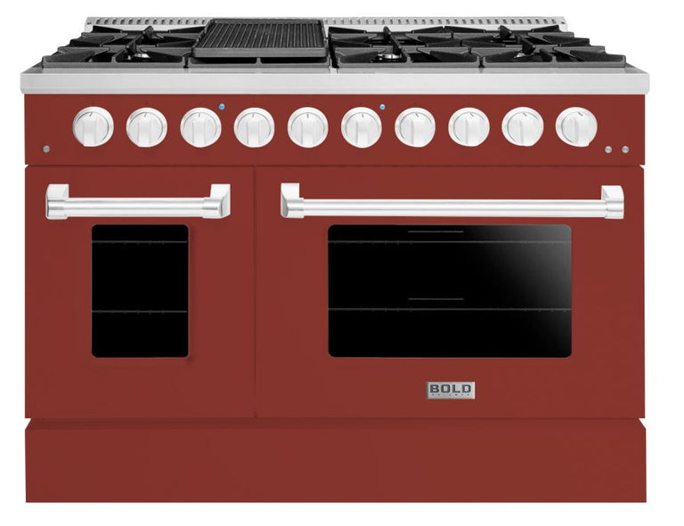 Hallman 48 In. Range with Propane Gas Burners and Electric Oven, Burgundy with Chrome Trim - Bold Series, HBRDF48CMBG-LP