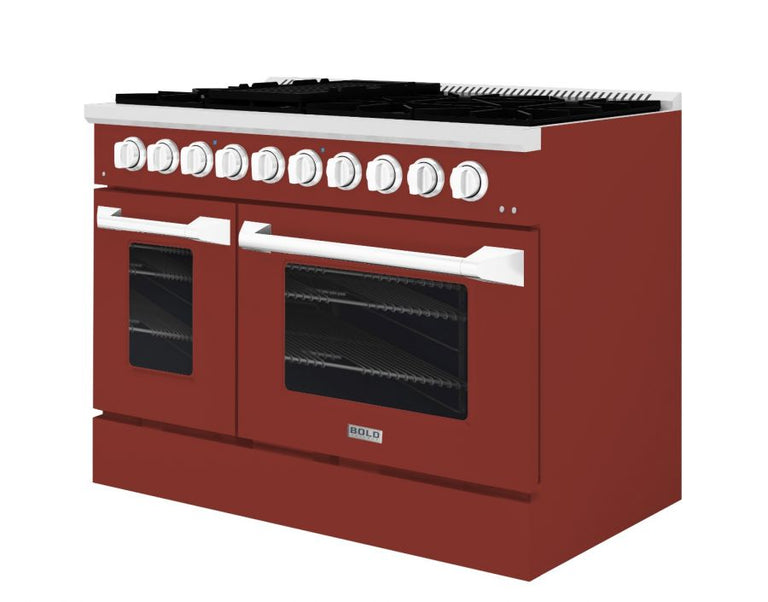 Hallman 48 In. Range with Propane Gas Burners and Electric Oven, Burgundy with Chrome Trim - Bold Series, HBRDF48CMBG-LP
