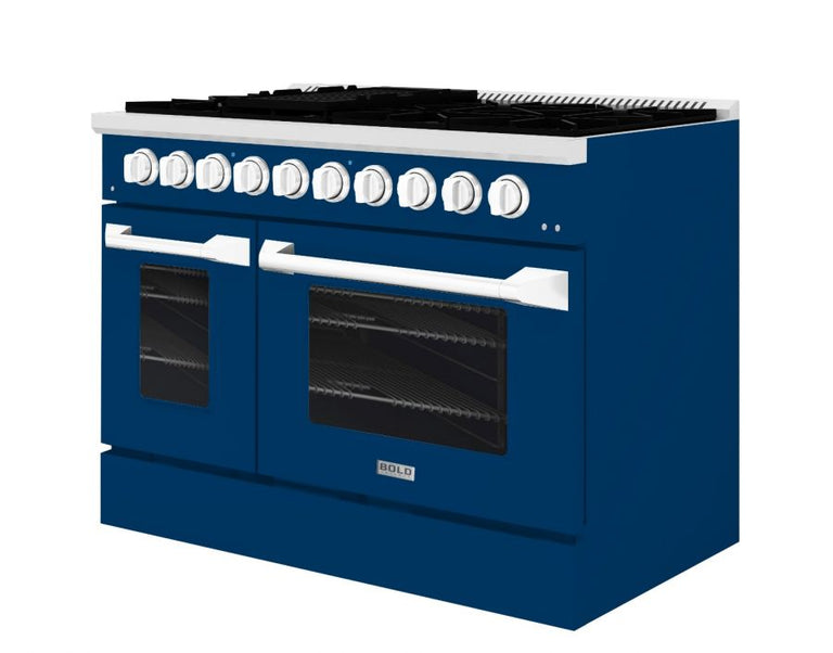 Hallman 48 In. Range with Gas Burners and Electric Oven, Blue with Chrome Trim - Bold Series, HBRDF48CMBU