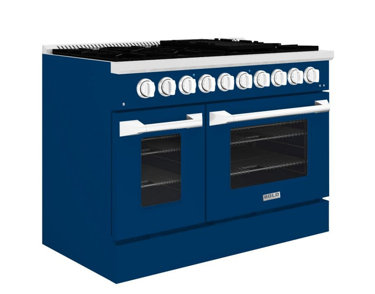 Hallman 48 In. Range with Gas Burners and Electric Oven, Blue with Chrome Trim - Bold Series, HBRDF48CMBU