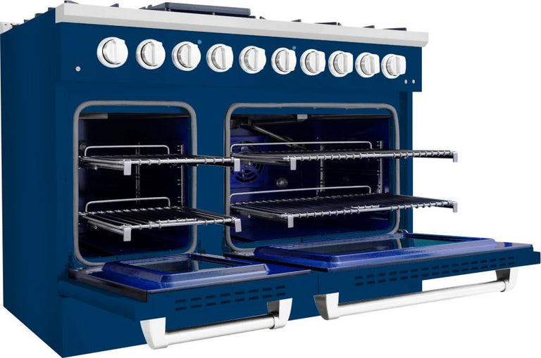 Hallman 48 In. Range with Gas Burners and Electric Oven, Blue with Chrome Trim - Bold Series, HBRDF48CMBU