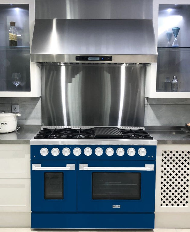 Hallman 48 In. Range with Gas Burners and Electric Oven, Blue with Chrome Trim - Bold Series, HBRDF48CMBU