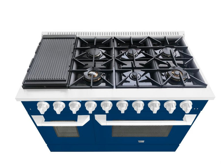 Hallman 48 In. Range with Propane Gas Burners and Electric Oven, Blue with Chrome Trim - Bold Series, HBRDF48CMBU-LP