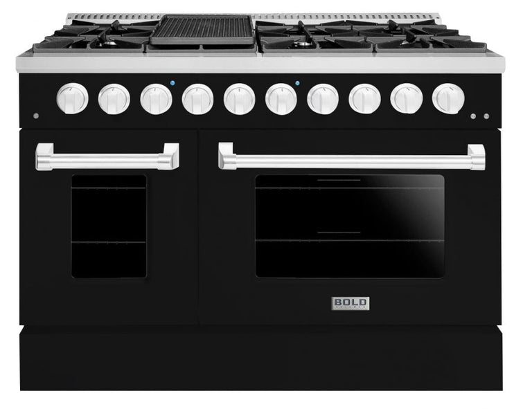 Hallman 48 In. Range with Gas Burners and Electric Oven, Glossy Black with Chrome Trim - Bold Series, HBRDF48CMGB