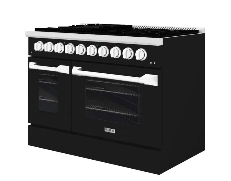 Hallman 48 In. Range with Gas Burners and Electric Oven, Glossy Black with Chrome Trim - Bold Series, HBRDF48CMGB