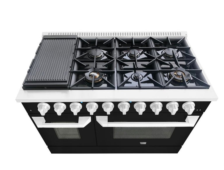 Hallman 48 In. Range with Gas Burners and Electric Oven, Glossy Black with Chrome Trim - Bold Series, HBRDF48CMGB