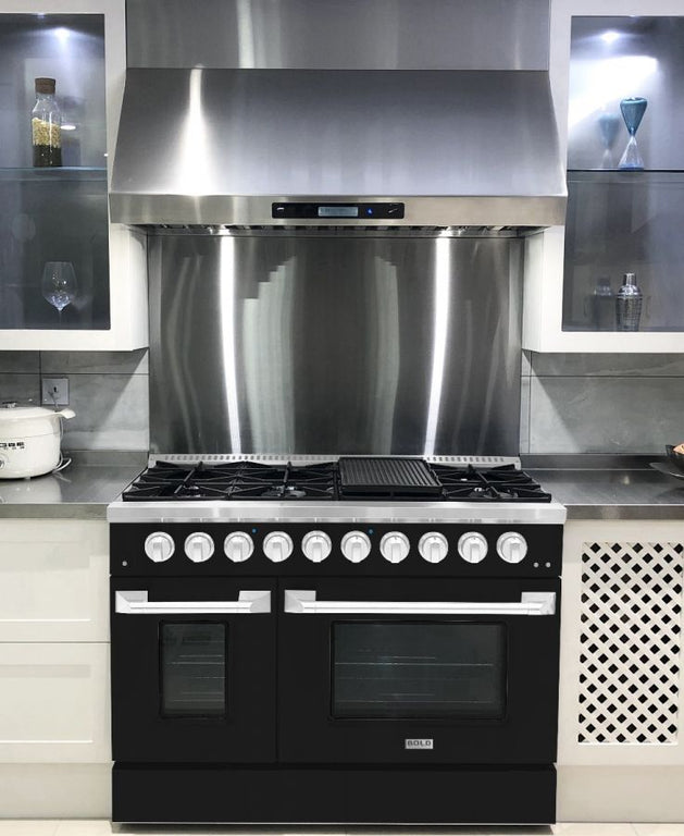 Hallman 48 In. Range with Gas Burners and Electric Oven, Glossy Black with Chrome Trim - Bold Series, HBRDF48CMGB