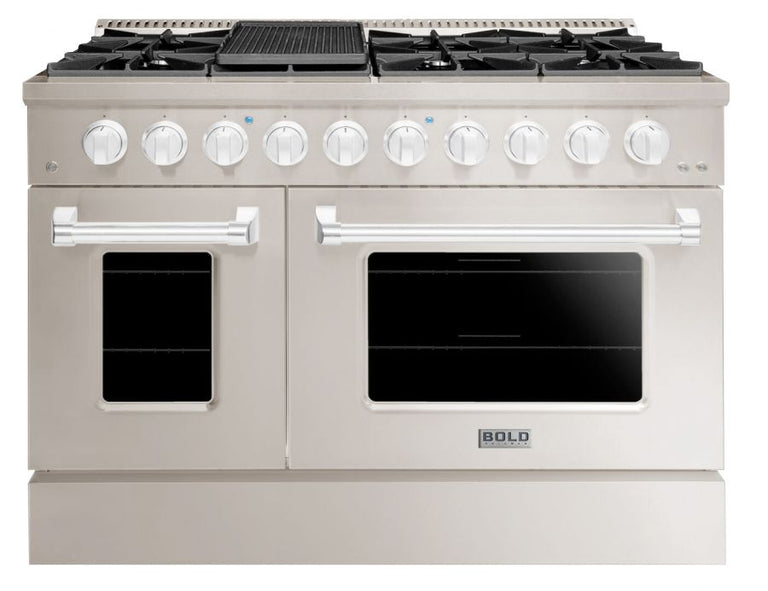 Hallman 48 In. Range with Gas Burners and Electric Oven, Stainless Steel with Chrome Trim - Bold Series, HBRDF48CMSS