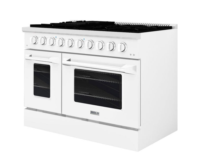Hallman 48 In. Range with Propane Gas Burners and Electric Oven, White with Chrome Trim - Bold Series, HBRDF48CMWT-LP