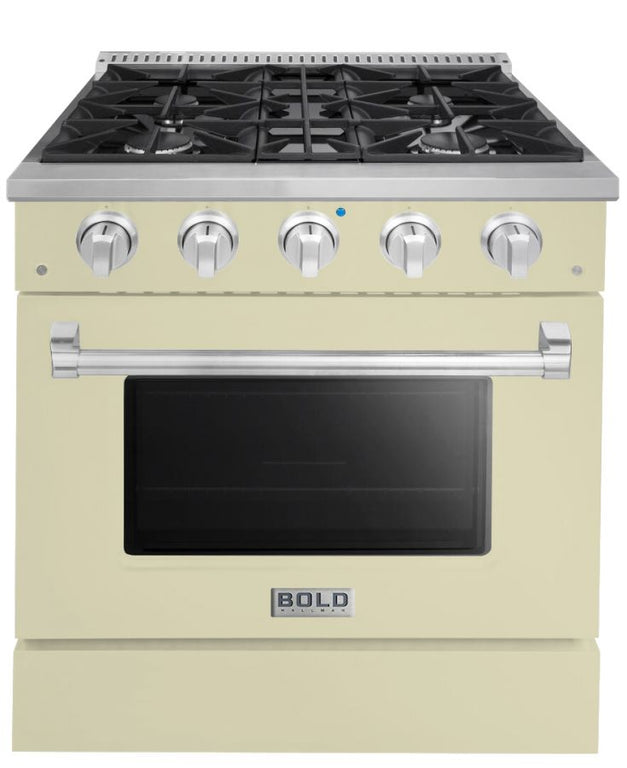 Hallman 30 In. Gas Range, Antique White with Chrome Trim - Bold Series, HBRG30CMAW
