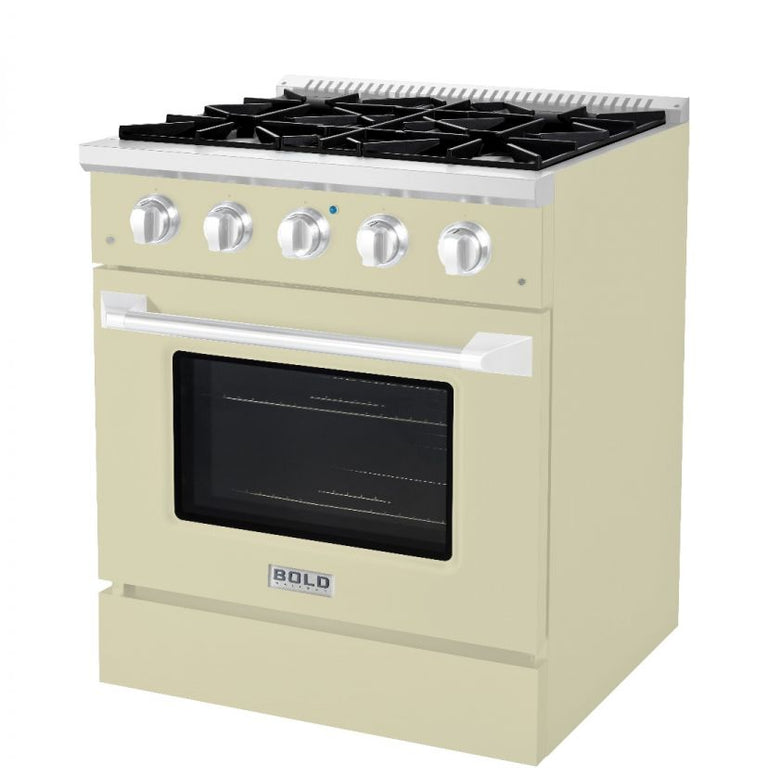 Hallman 30 In. Gas Range, Antique White with Chrome Trim - Bold Series, HBRG30CMAW