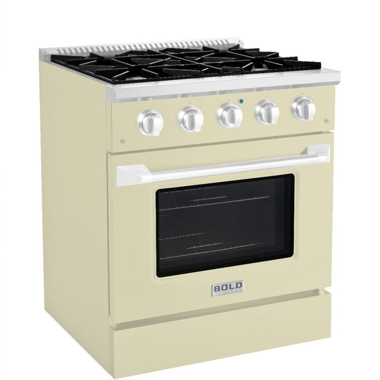 Hallman 30 In. Gas Range, Antique White with Chrome Trim - Bold Series, HBRG30CMAW