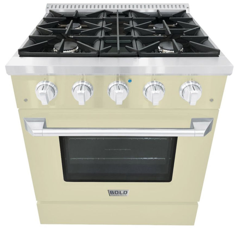 Hallman 30 In. Gas Range, Antique White with Chrome Trim - Bold Series, HBRG30CMAW