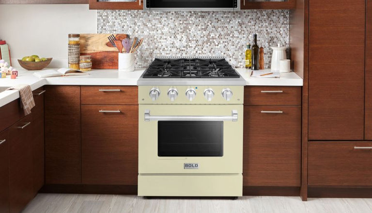 Hallman 30 In. Gas Range, Antique White with Chrome Trim - Bold Series, HBRG30CMAW