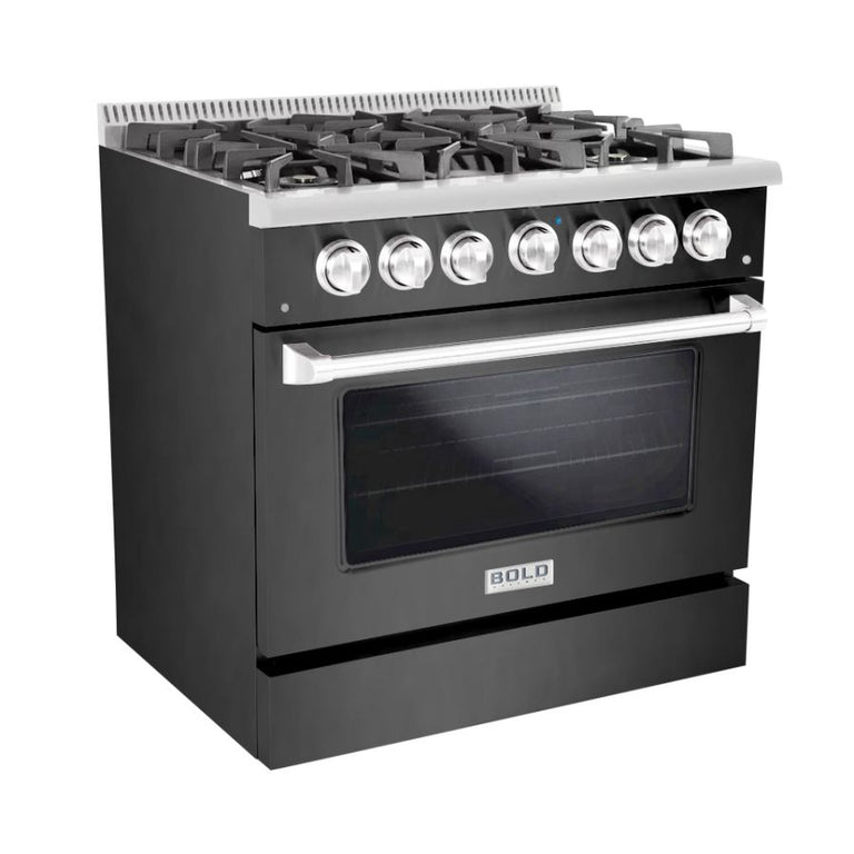 Hallman 36 In. Gas Range, Black Titanium with Chrome Trim - Bold Series, HBRG36CMBT