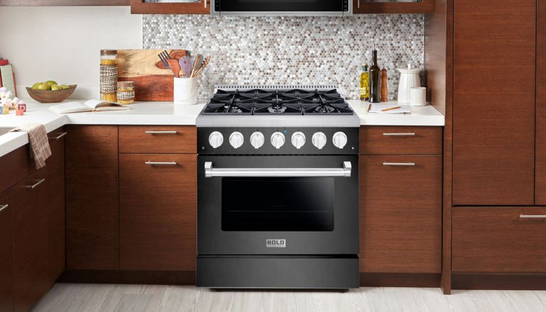Hallman 36 In. Gas Range, Black Titanium with Chrome Trim - Bold Series, HBRG36CMBT