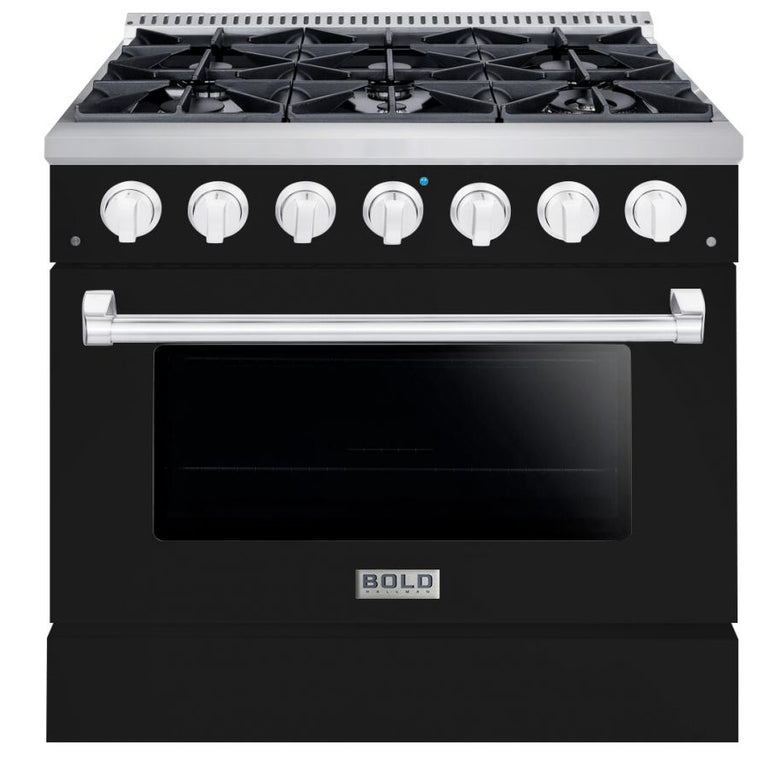 Hallman 36 In. Propane Gas Range, Glossy Black with Chrome Trim - Bold Series, HBRG36CMGB-LP