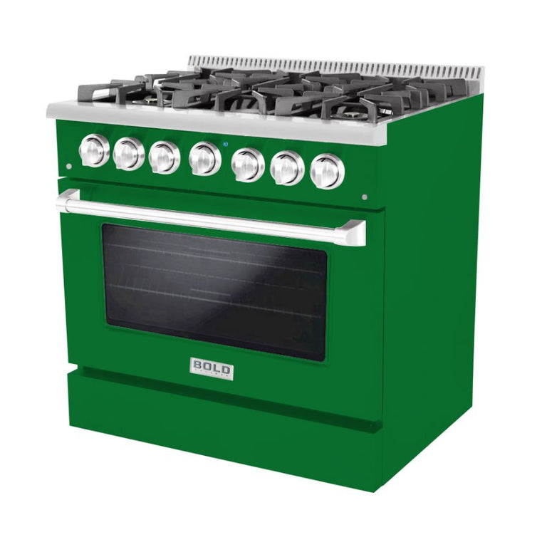 Hallman 36 In. Propane Gas Range, Emerald Green with Chrome Trim - Bold Series, HBRG36CMGN-LP