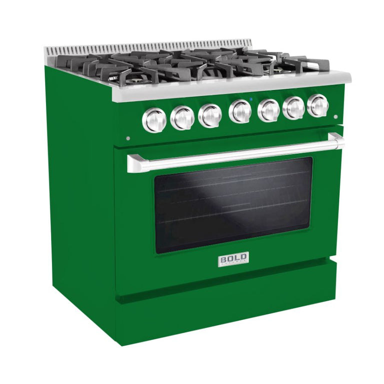 Hallman 36 In. Propane Gas Range, Emerald Green with Chrome Trim - Bold Series, HBRG36CMGN-LP