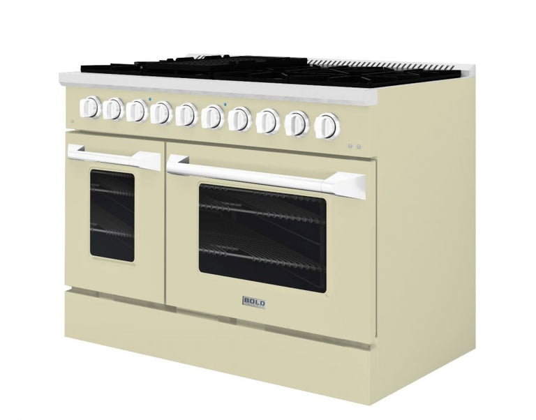 Hallman 48 In. Gas Range, Antique White with Chrome Trim - Bold Series, HBRG48CMAW