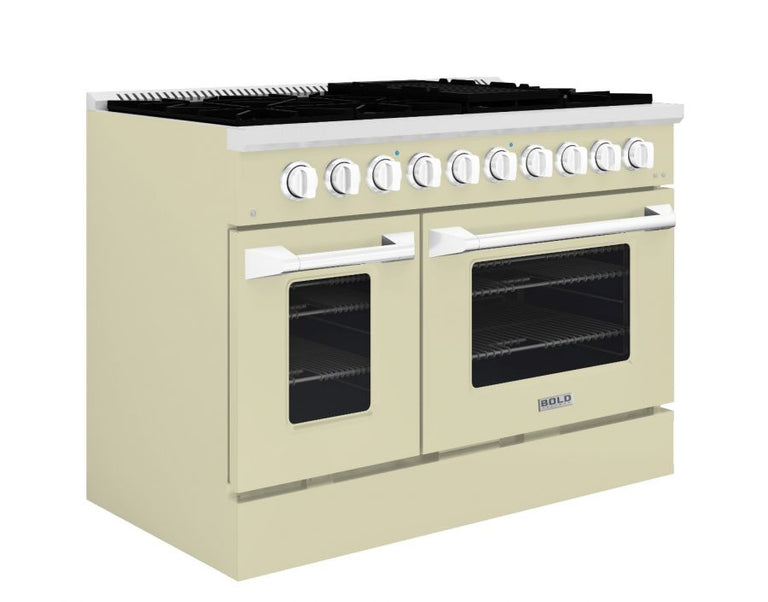 Hallman 48 In. Gas Range, Antique White with Chrome Trim - Bold Series, HBRG48CMAW
