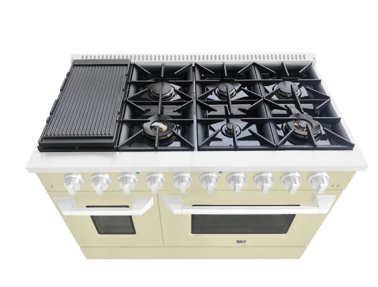 Hallman 48 In. Gas Range, Antique White with Chrome Trim - Bold Series, HBRG48CMAW