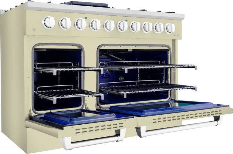 Hallman 48 In. Gas Range, Antique White with Chrome Trim - Bold Series, HBRG48CMAW