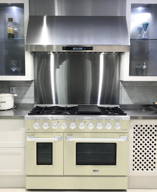 Hallman 48 In. Gas Range, Antique White with Chrome Trim - Bold Series, HBRG48CMAW