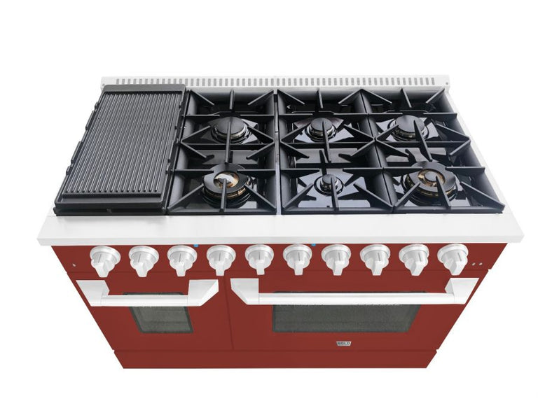 Hallman 48 In. Gas Range, Burgundy with Chrome Trim - Bold Series, HBRG48CMBG