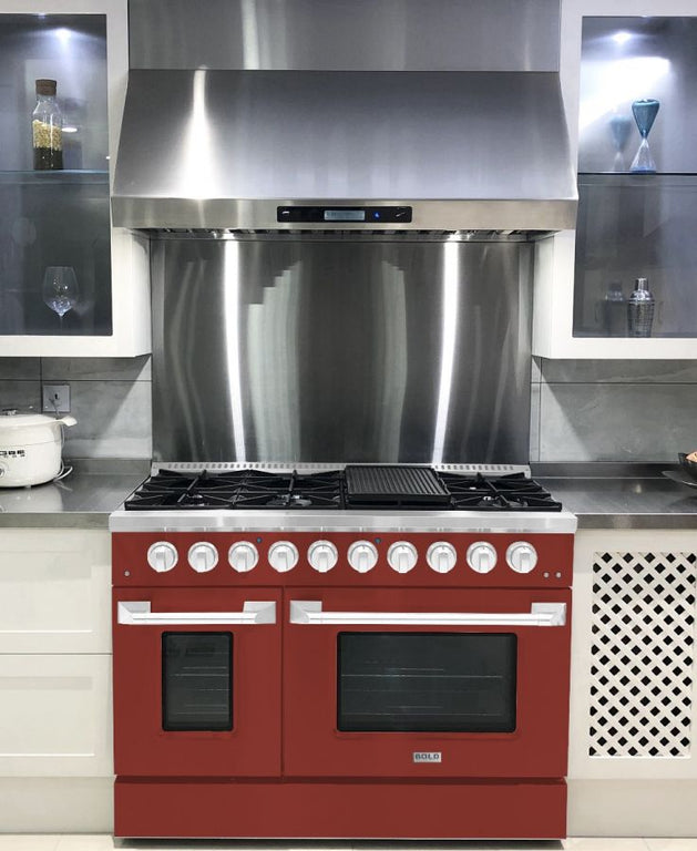 Hallman 48 In. Gas Range, Burgundy with Chrome Trim - Bold Series, HBRG48CMBG
