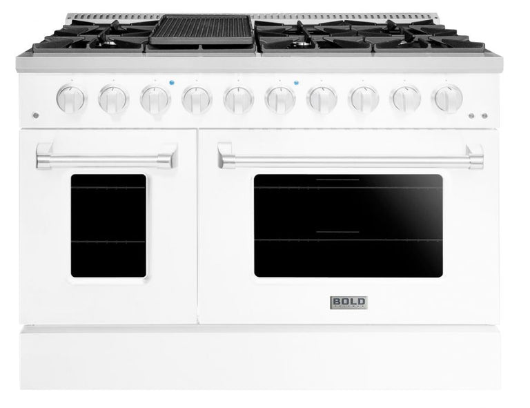 Hallman 48 In. Gas Range, White with Chrome Trim - Bold Series, HBRG48CMWT