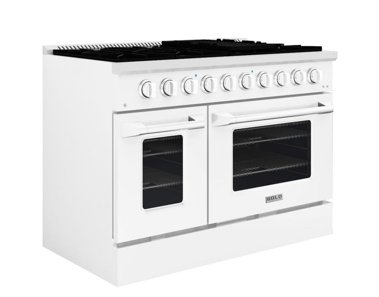 Hallman 48 In. Gas Range, White with Chrome Trim - Bold Series, HBRG48CMWT