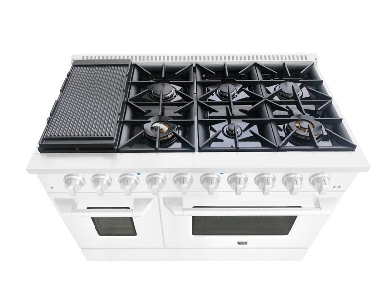 Hallman 48 In. Gas Range, White with Chrome Trim - Bold Series, HBRG48CMWT