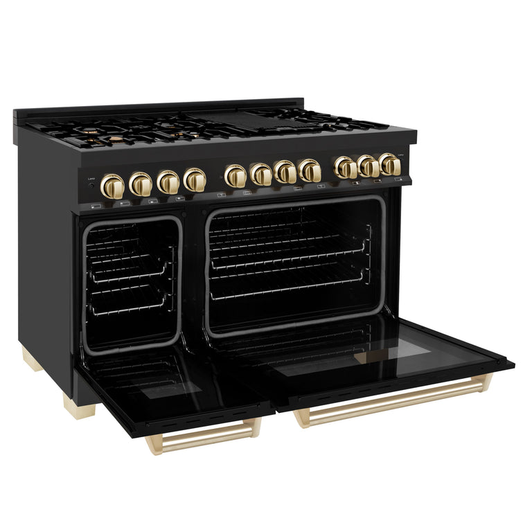 ZLINE Autograph 48 in. Gas Burner/Electric Oven Range in Black Stainless Steel and Gold Accents, RABZ-48-G