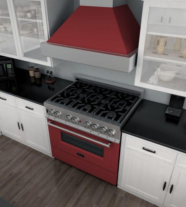 ZLINE Kitchen and Bath 36 in. Professional Gas Burner/Electric Oven in DuraSnow® Stainless with Red Gloss Door, RAS-RG-36