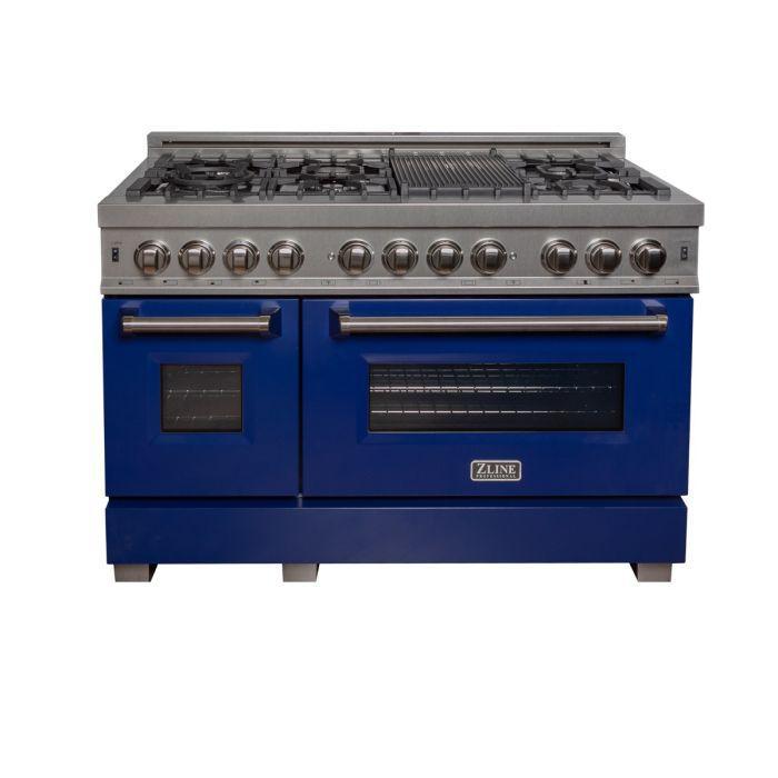 ZLINE 48 in. Professional Gas Burner/Electric Oven DuraSnow® Stainless 6.0 cu.ft. 7 Range with Blue Gloss Door, RAS-BG-48