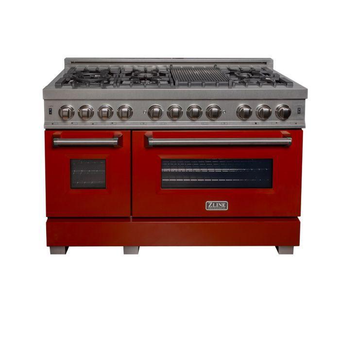 ZLINE 48 in. Professional Gas Burner/Electric Oven DuraSnow® Stainless 6.0 cu.ft. 7 Range with Red Gloss Door, RAS-RG-48