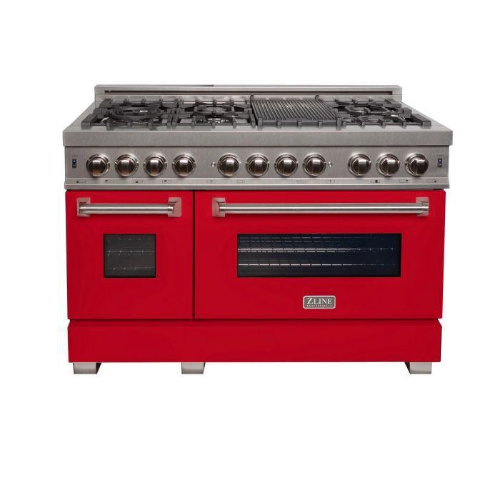 ZLINE 48 in. Professional Gas Burner/Electric Oven DuraSnow® Stainless 6.0 cu.ft. 7 Range with Red Matte Door, RAS-RM-48