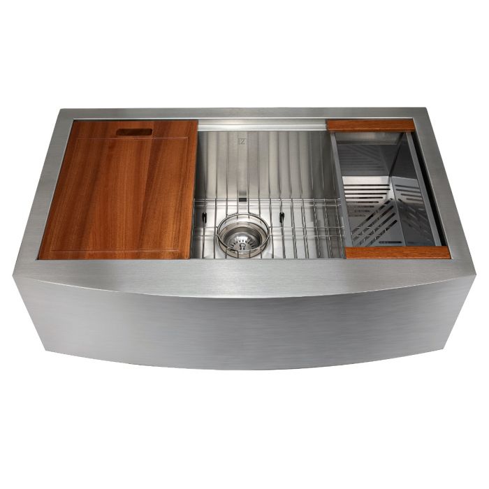 ZLINE 33 in. Moritz Farmhouse Apron Mount Single Bowl Stainless Steel Kitchen Sink with Bottom Grid and Accessories, SLSAP-33