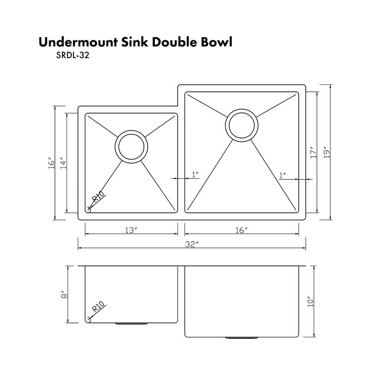 ZLINE 32 in. Jackson Undermount Double Bowl Stainless Steel Kitchen Sink with Bottom Grid, SRDL-32