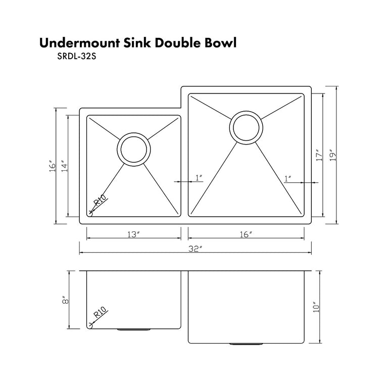 ZLINE 32 in. Jackson Undermount Double Bowl DuraSnow® Stainless Steel Kitchen Sink with Bottom Grid, SRDL-32S