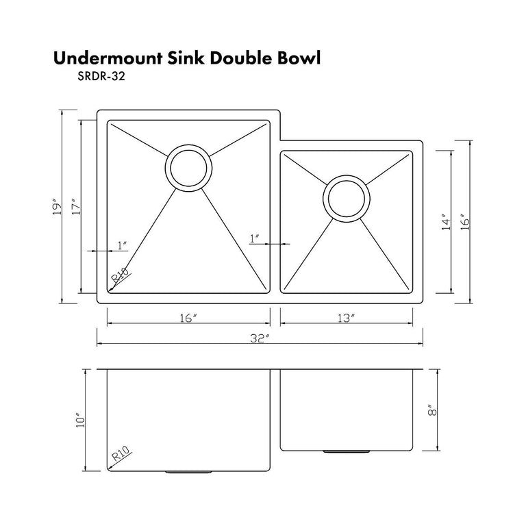 ZLINE 32 in. Jackson Undermount Double Bowl Stainless Steel Kitchen Sink with Bottom Grid, SRDR-32